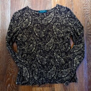 Ralph Lauren Womens Paisley Knit Top M Long Sleeve Cotton Crew Neck